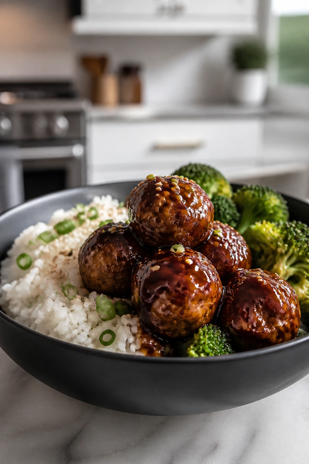 Teriyaki meatball rice bowl with broccoli in a bowl