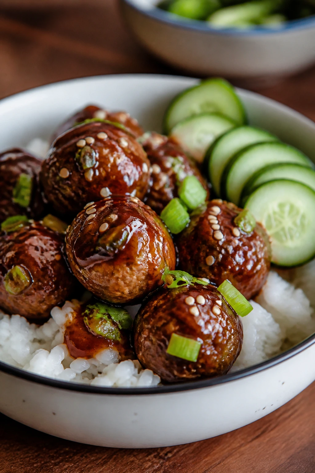 Close-up of teriyaki meatball over white rice with cucumber