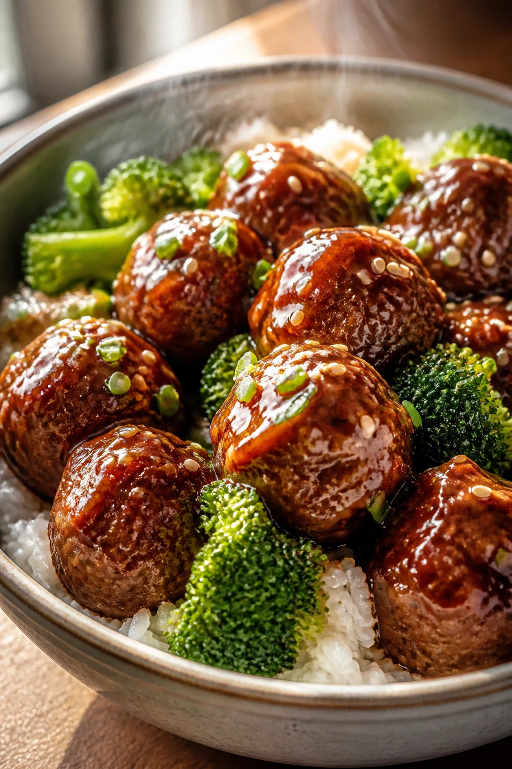 Close-up of teriyaki meatballs over rice in a bowl