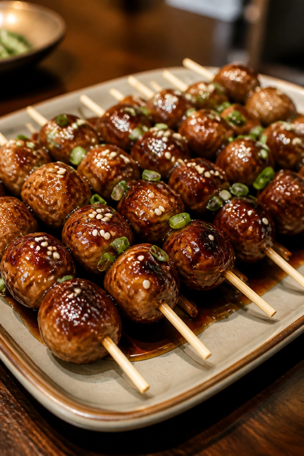 Glossy teriyaki meatball skewers on a platter with glaze