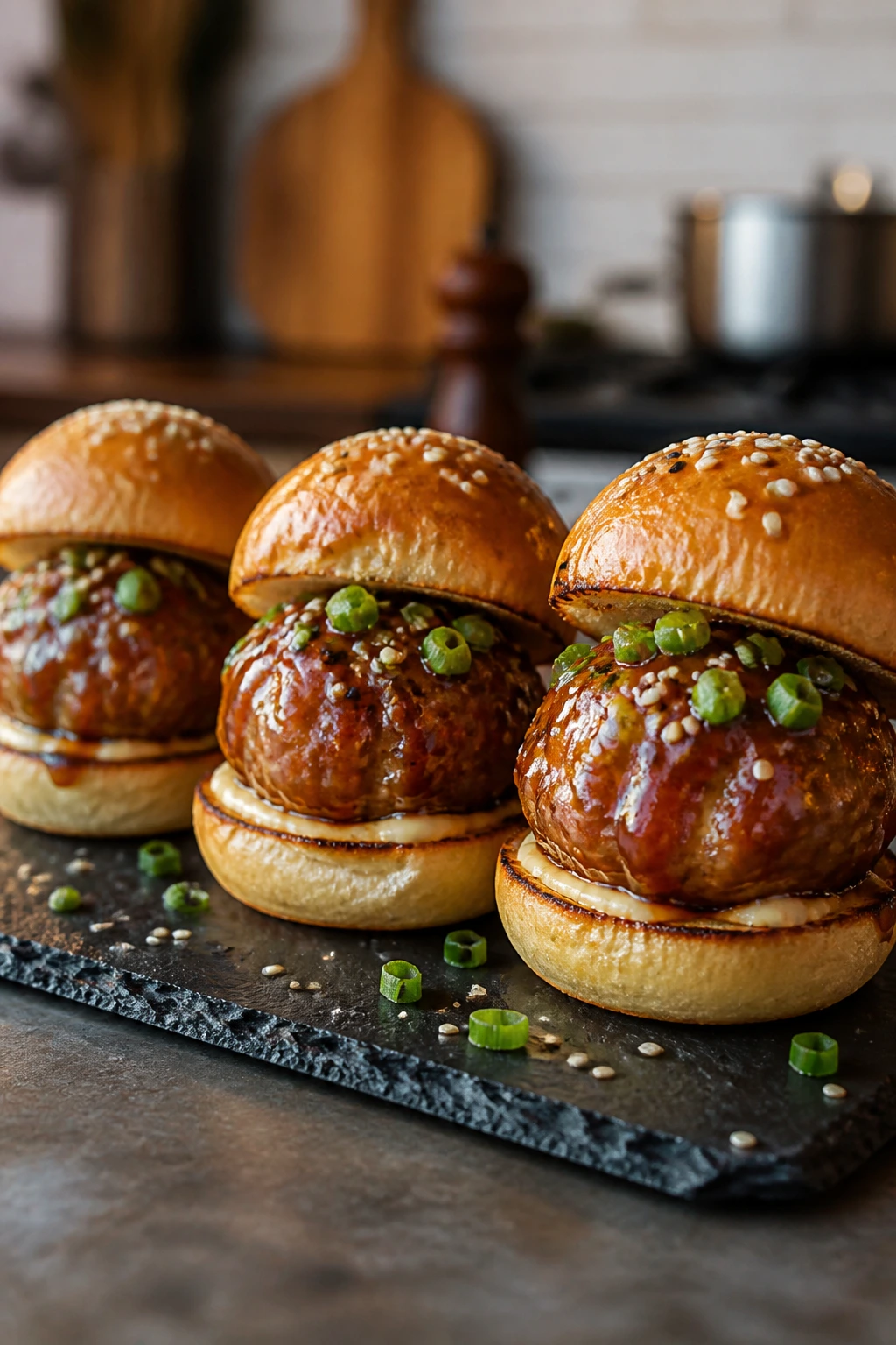 Close-up of Teriyaki Chicken Meatball Sliders with glossy glaze