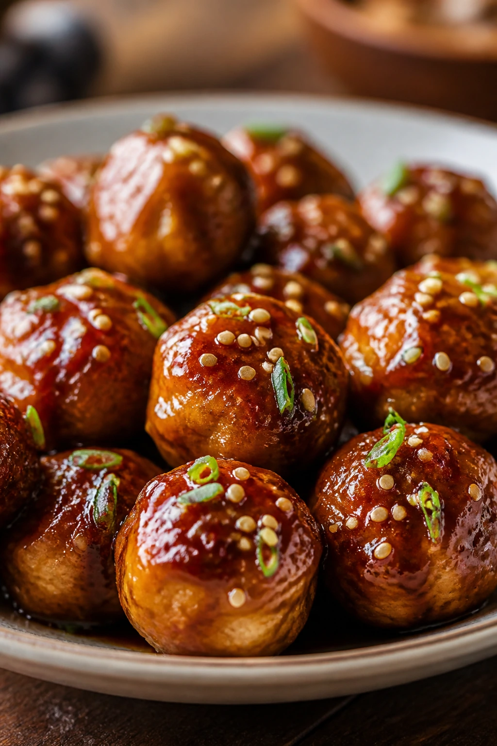 Plate of teriyaki chicken meatballs with sesame seeds