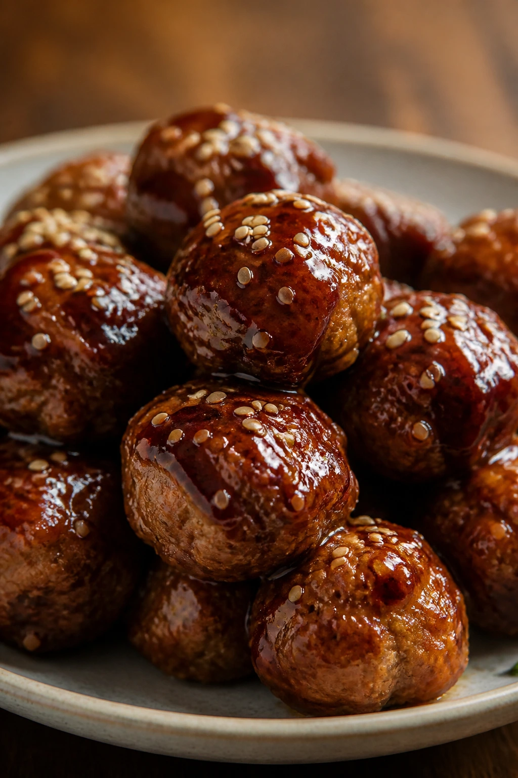 Glossy teriyaki meatballs on a plate.