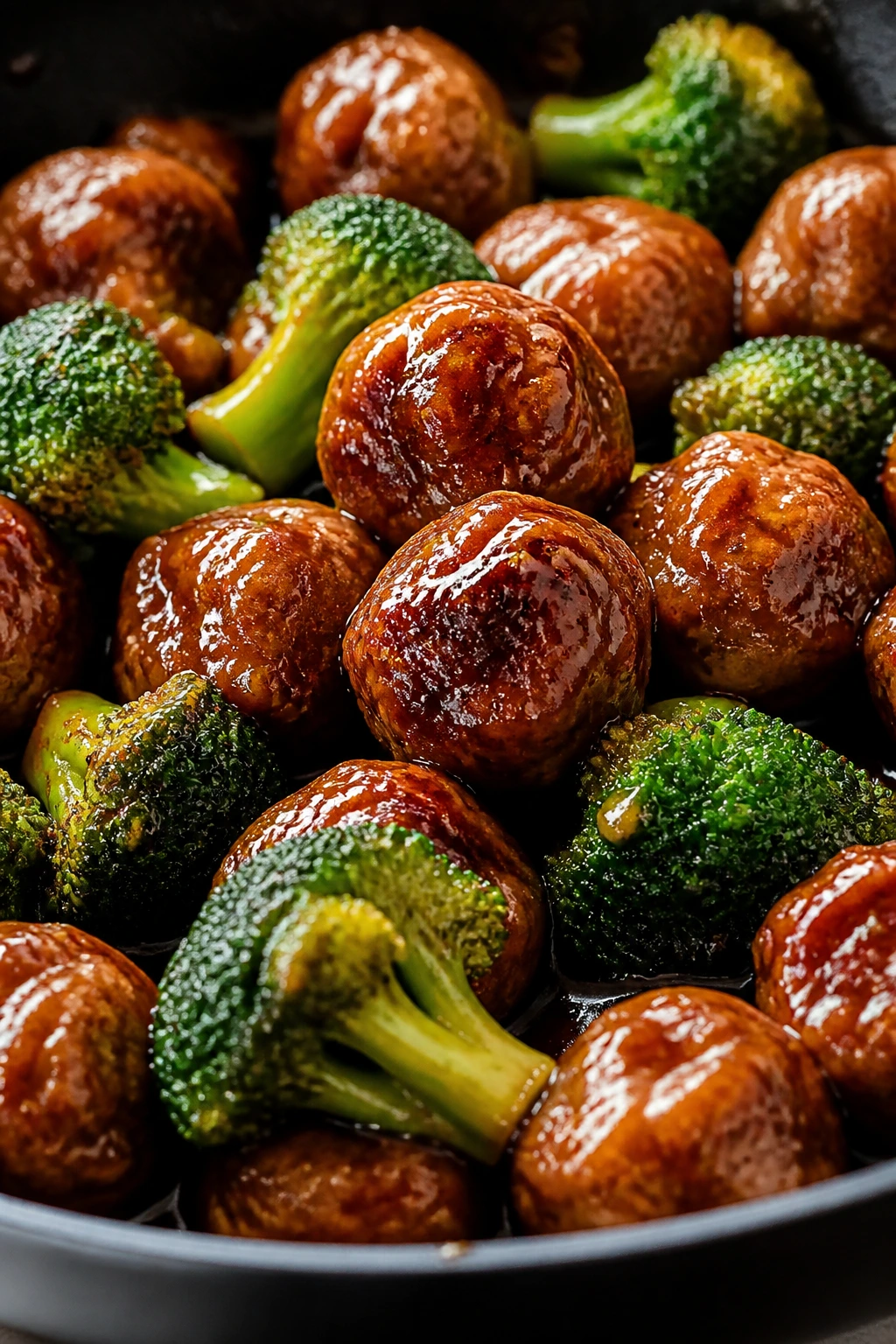 Close-up teriyaki meatballs with broccoli
