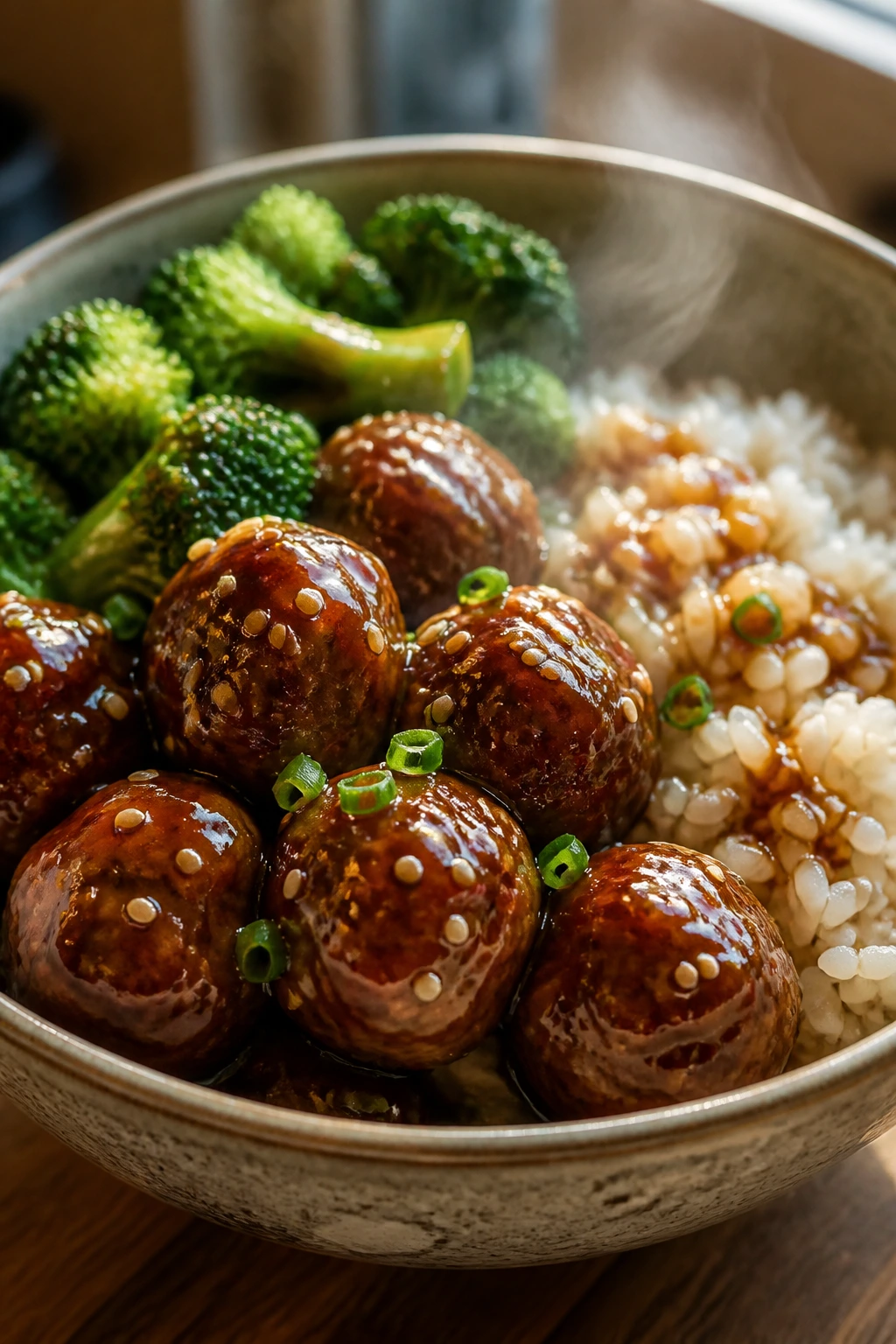 Teriyaki meatball bowl with broccoli and rice