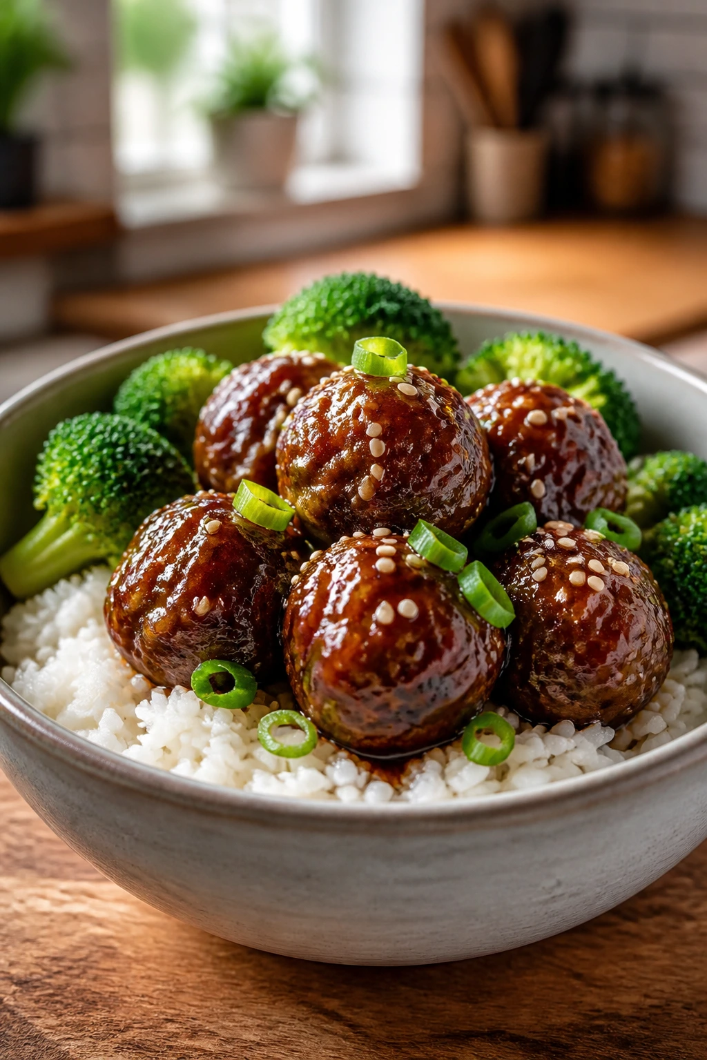 Close-up of teriyaki meatballs atop rice with broccoli in a bowl