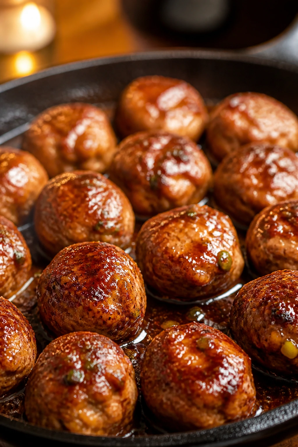 Close-up of teriyaki chicken meatballs in a skillet with glossy glaze