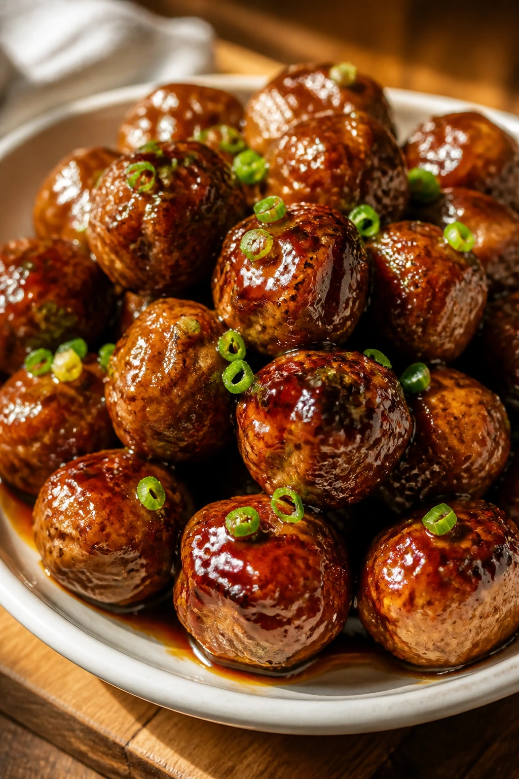 Close-up of glossy teriyaki meatballs on a plate