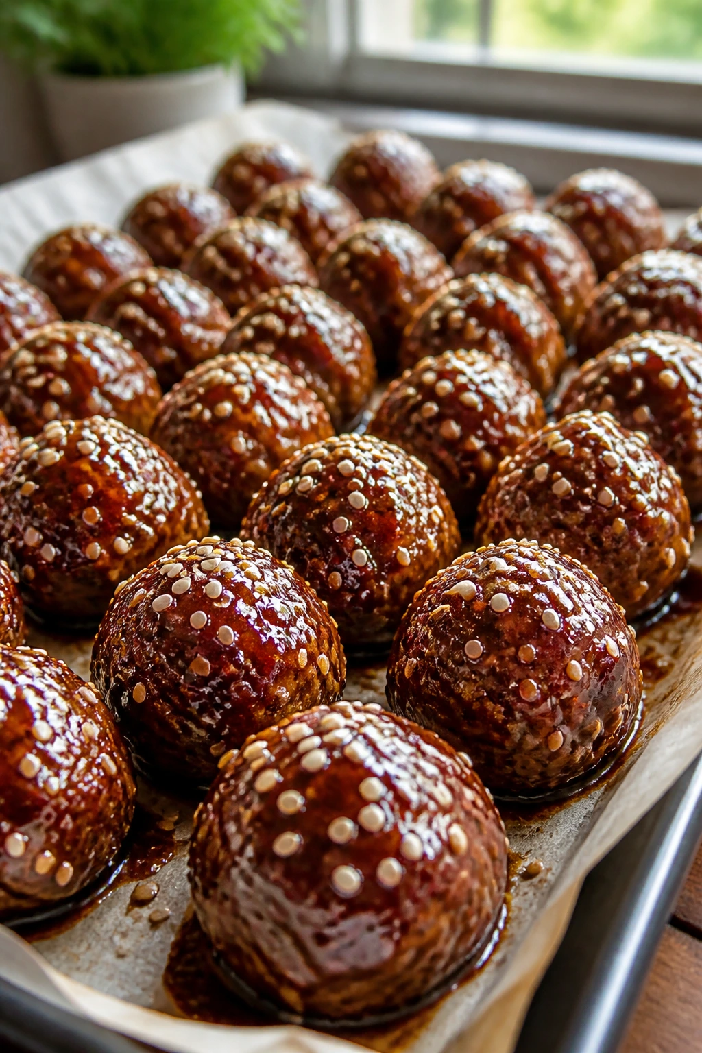 Glossy teriyaki-glazed meatballs on parchment in a warm kitchen