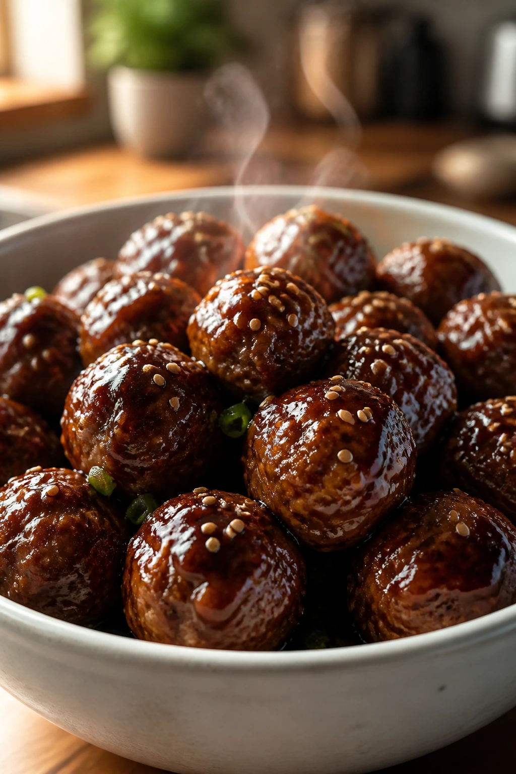 Teriyaki meatballs with glaze in a bowl, warm kitchen