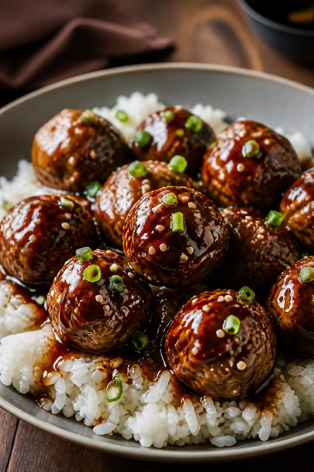 Teriyaki meatballs over jasmine rice with glossy glaze