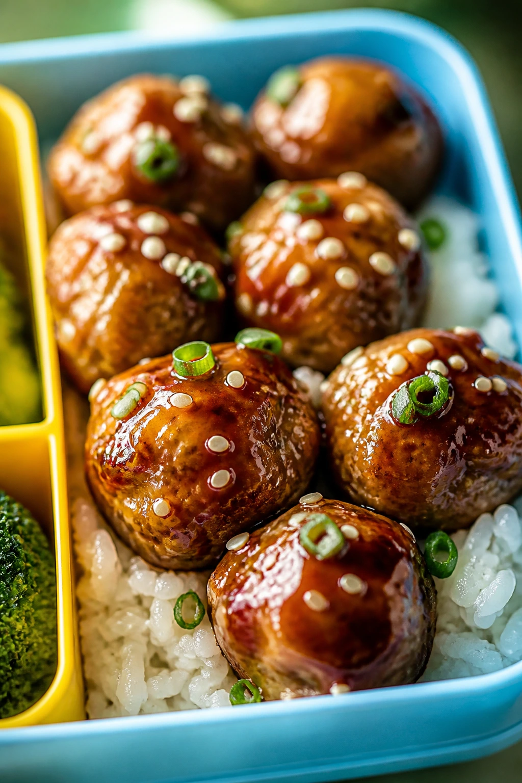 Close-up of glossy teriyaki meatballs on rice in a lunchbox