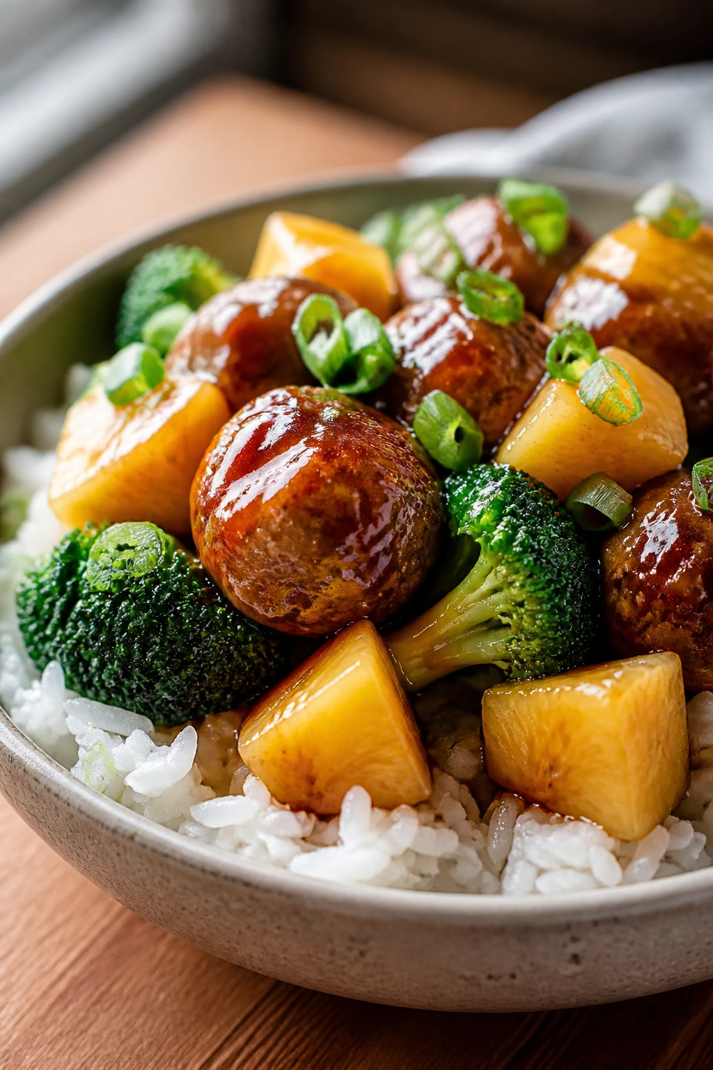 Close-up of teriyaki pineapple meatball rice bowl with broccoli in a ceramic bowl