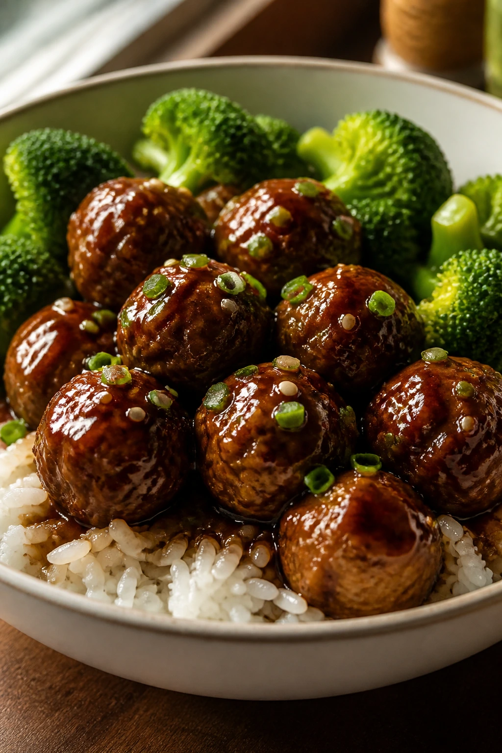 Glossy teriyaki meatballs over rice with broccoli