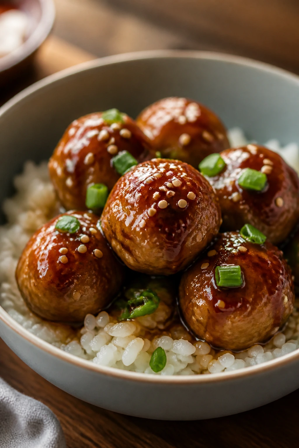 Glossy teriyaki chicken meatballs over rice with glaze