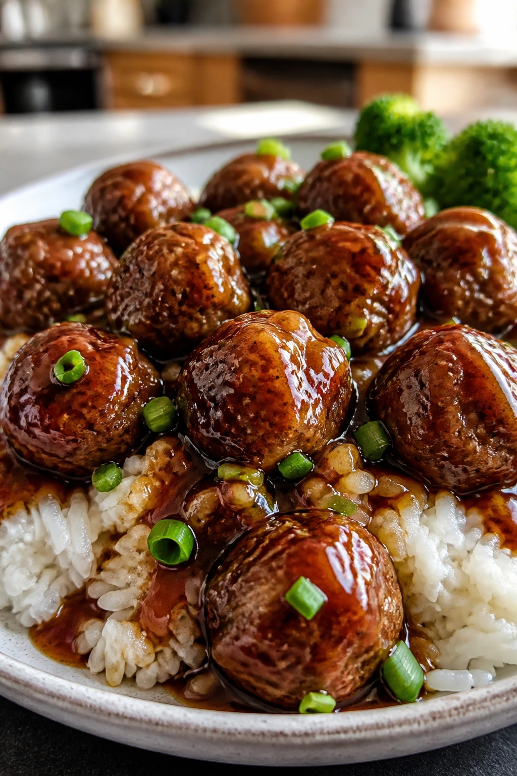 Teriyaki meatballs over rice with glossy sauce