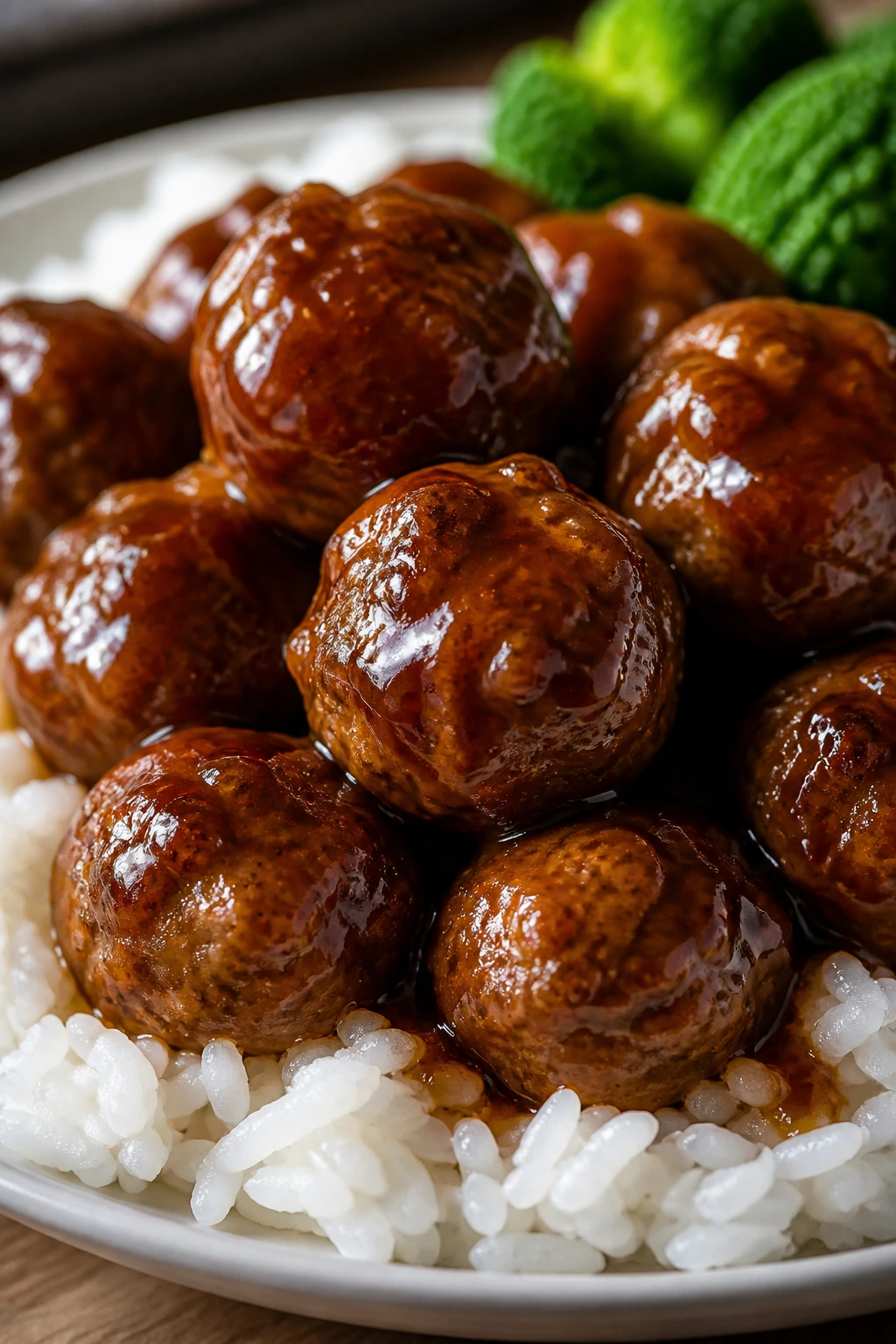 Glossy teriyaki meatballs on white rice