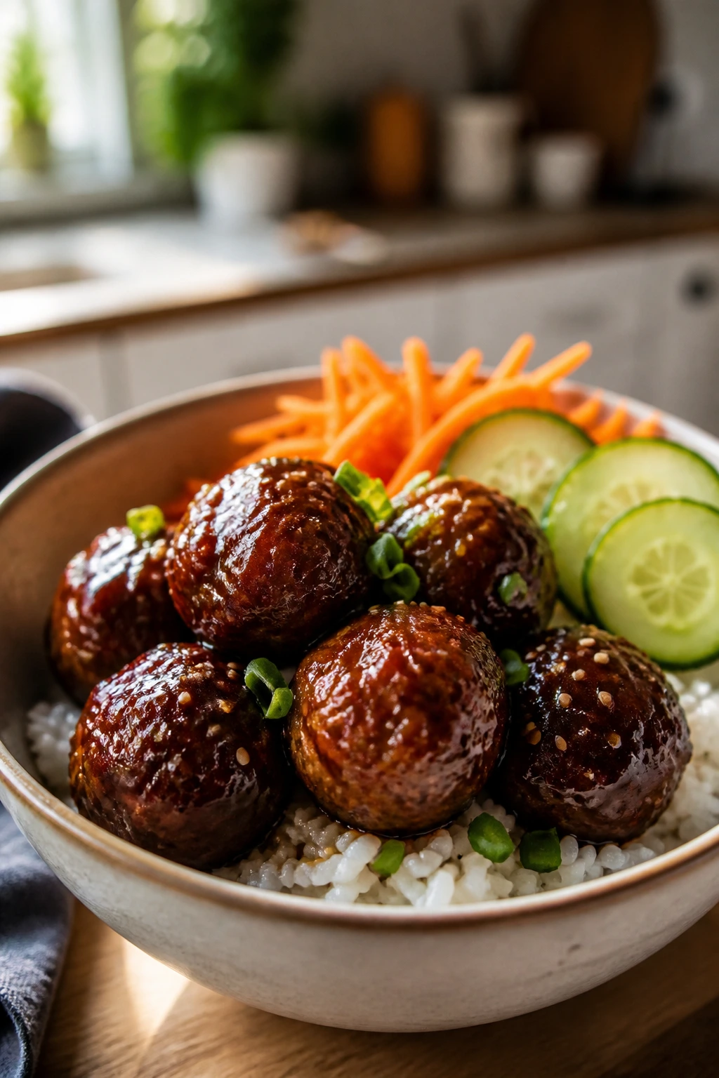 Close-up of teriyaki meatballs over rice with cucumber and carrot toppings in a bowl