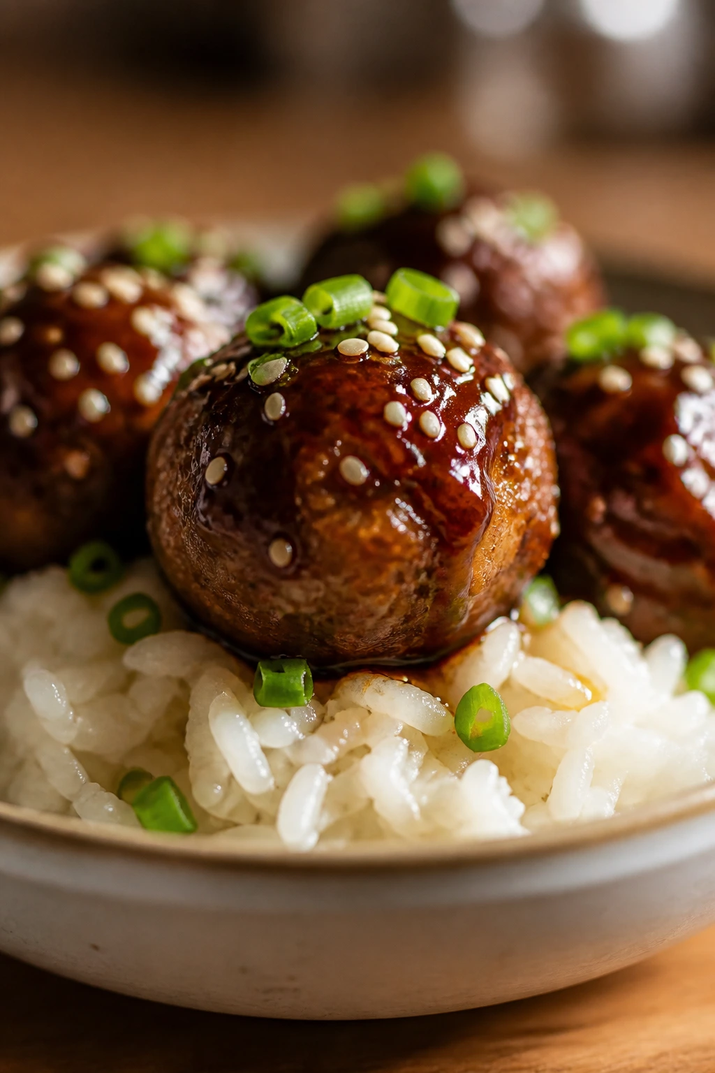 Close-up of teriyaki meatball over rice with glaze