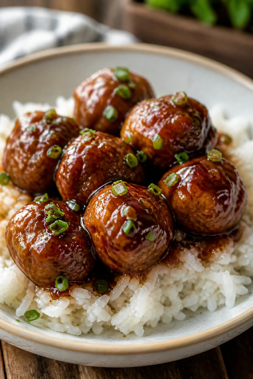 Teriyaki meatballs over rice in a bowl