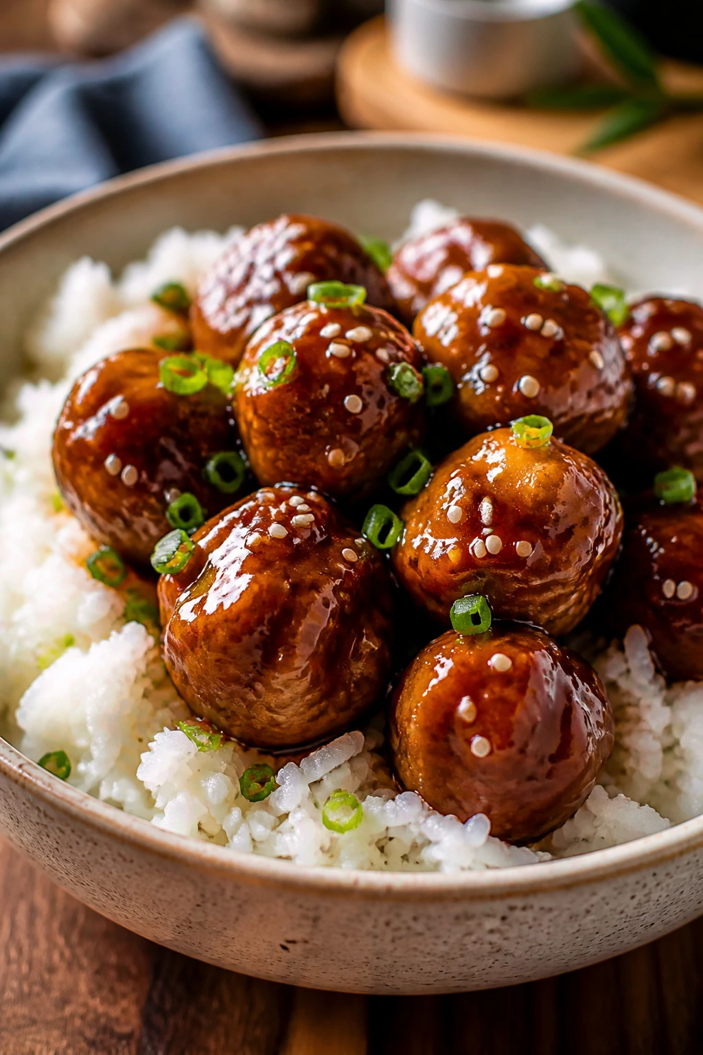 Teriyaki meatballs with rice in a bowl
