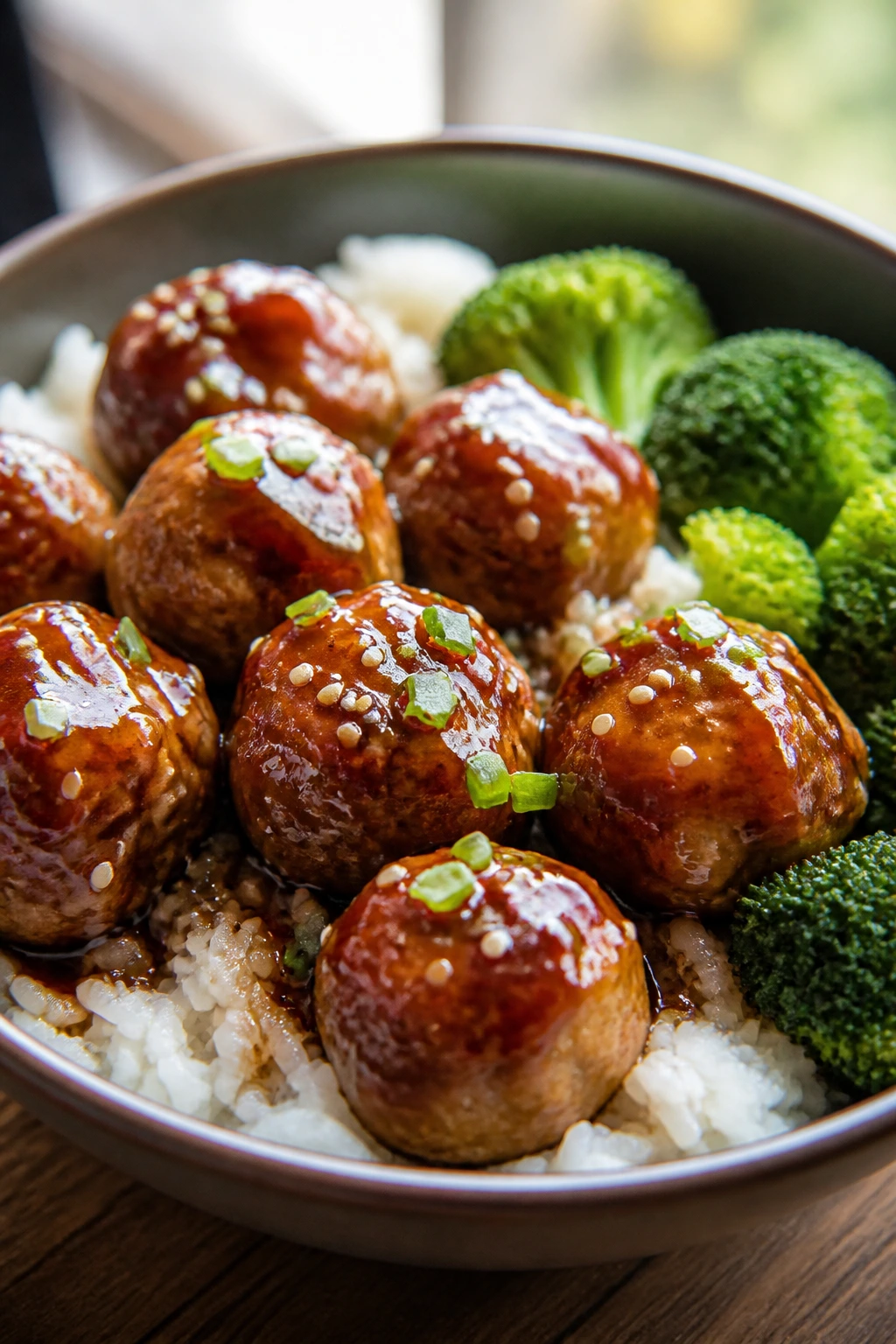 Close-up of teriyaki meatballs and rice on a plate