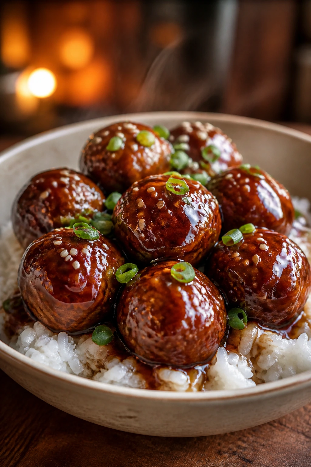 Close-up of teriyaki meatballs on white rice in a bowl with glaze