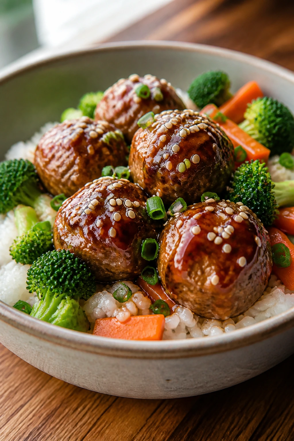 Close-up of teriyaki meatball rice bowl with broccoli and carrots on a wooden table