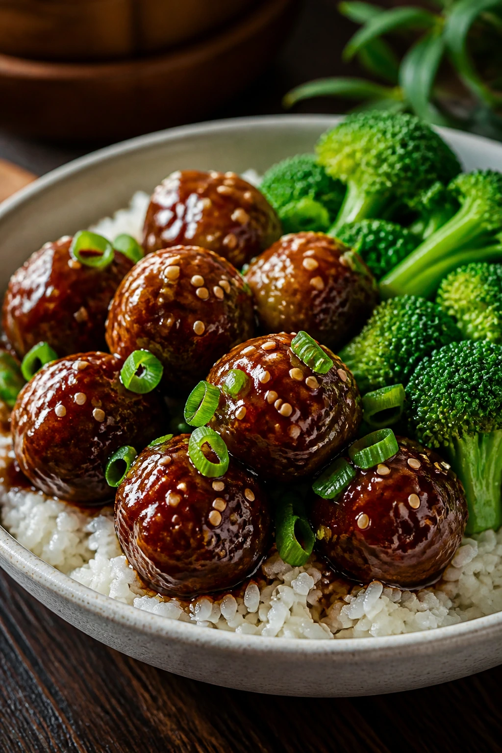 Teriyaki meatball rice bowl with broccoli