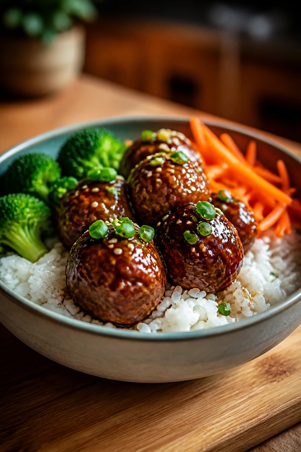 Medium-close bowl of teriyaki meatballs over rice with broccoli and carrots.