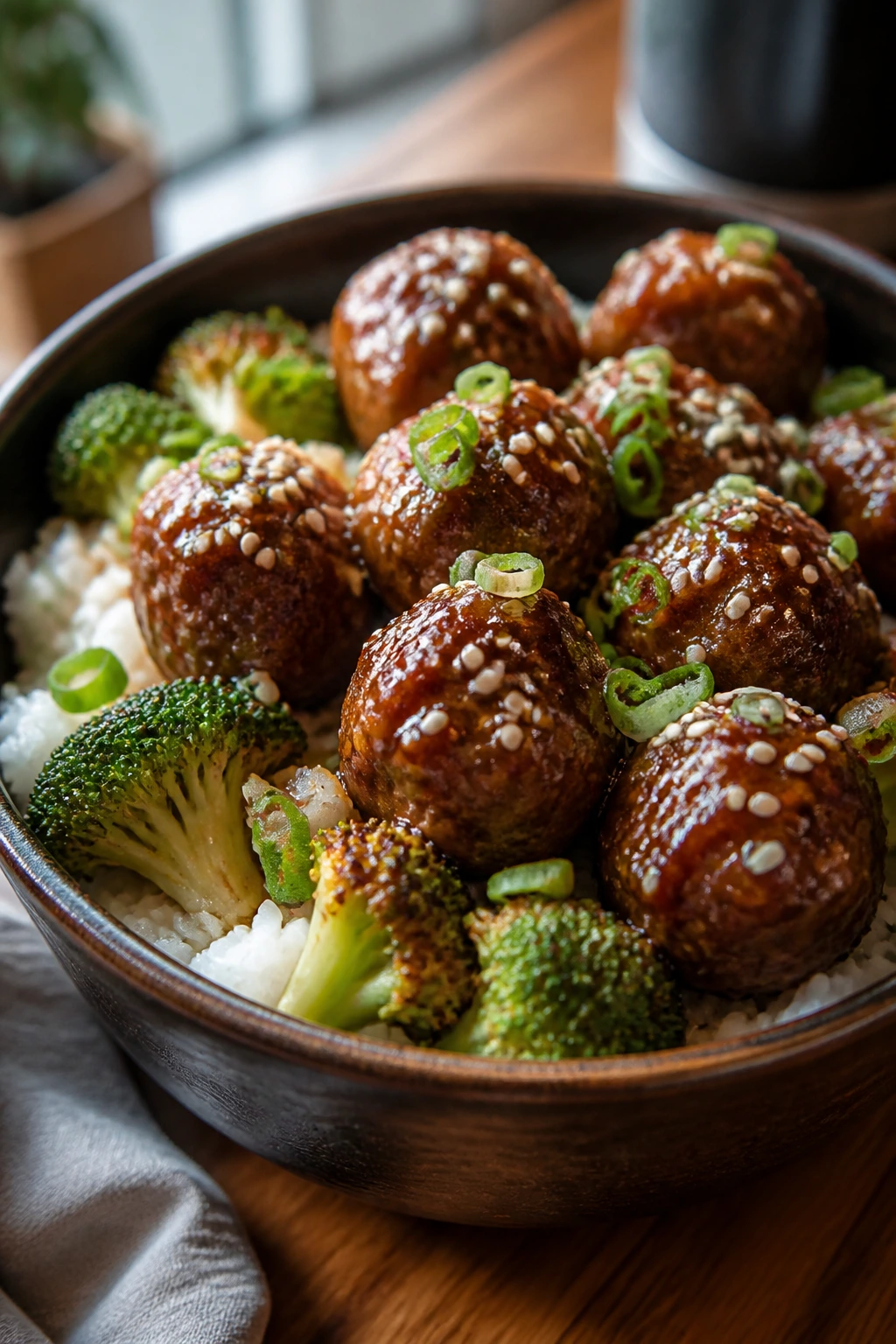 Glossy teriyaki meatballs over white rice with broccoli in a bowl