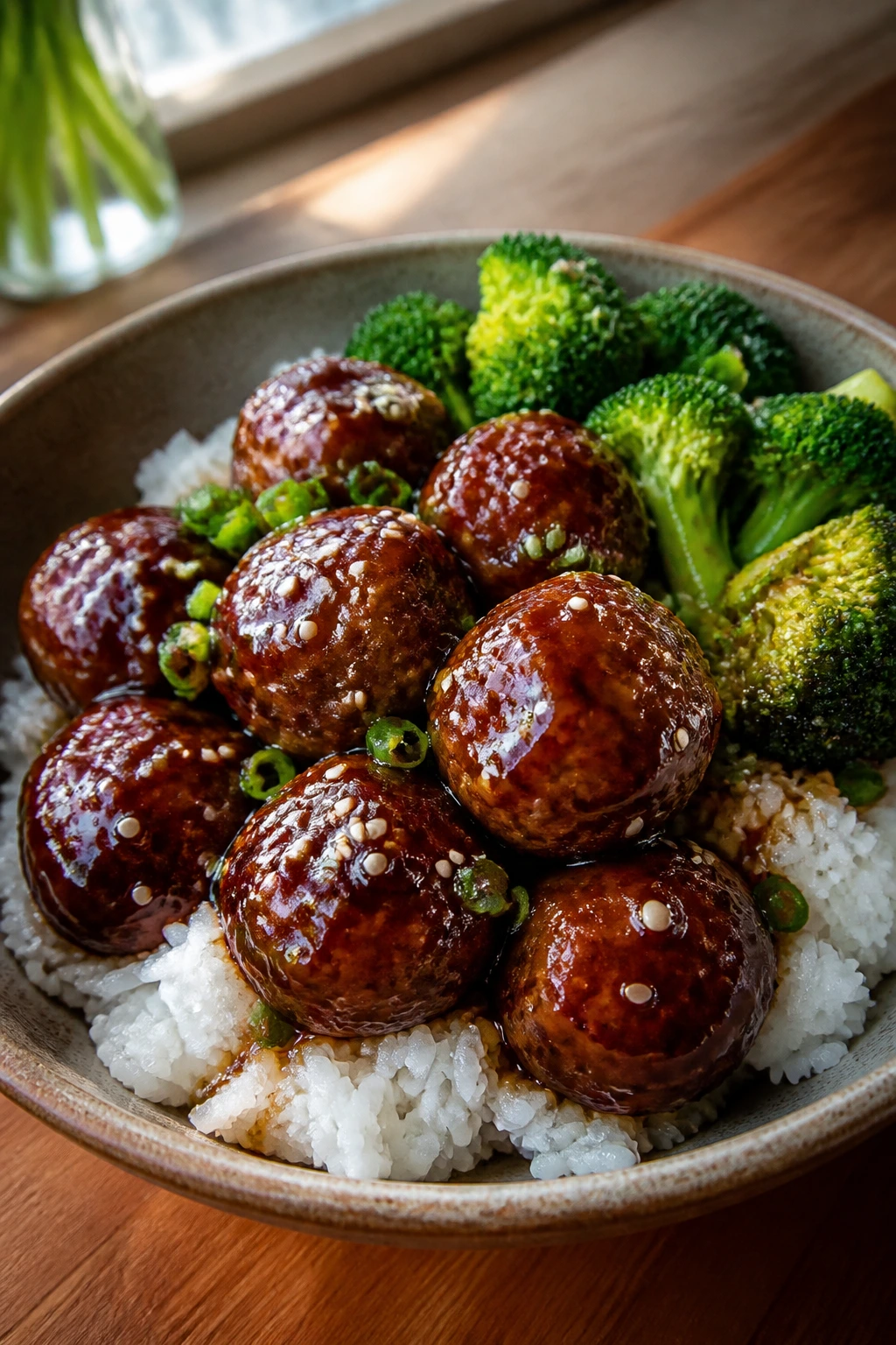 Close-up of teriyaki meatballs with rice and broccoli in a rustic bowl