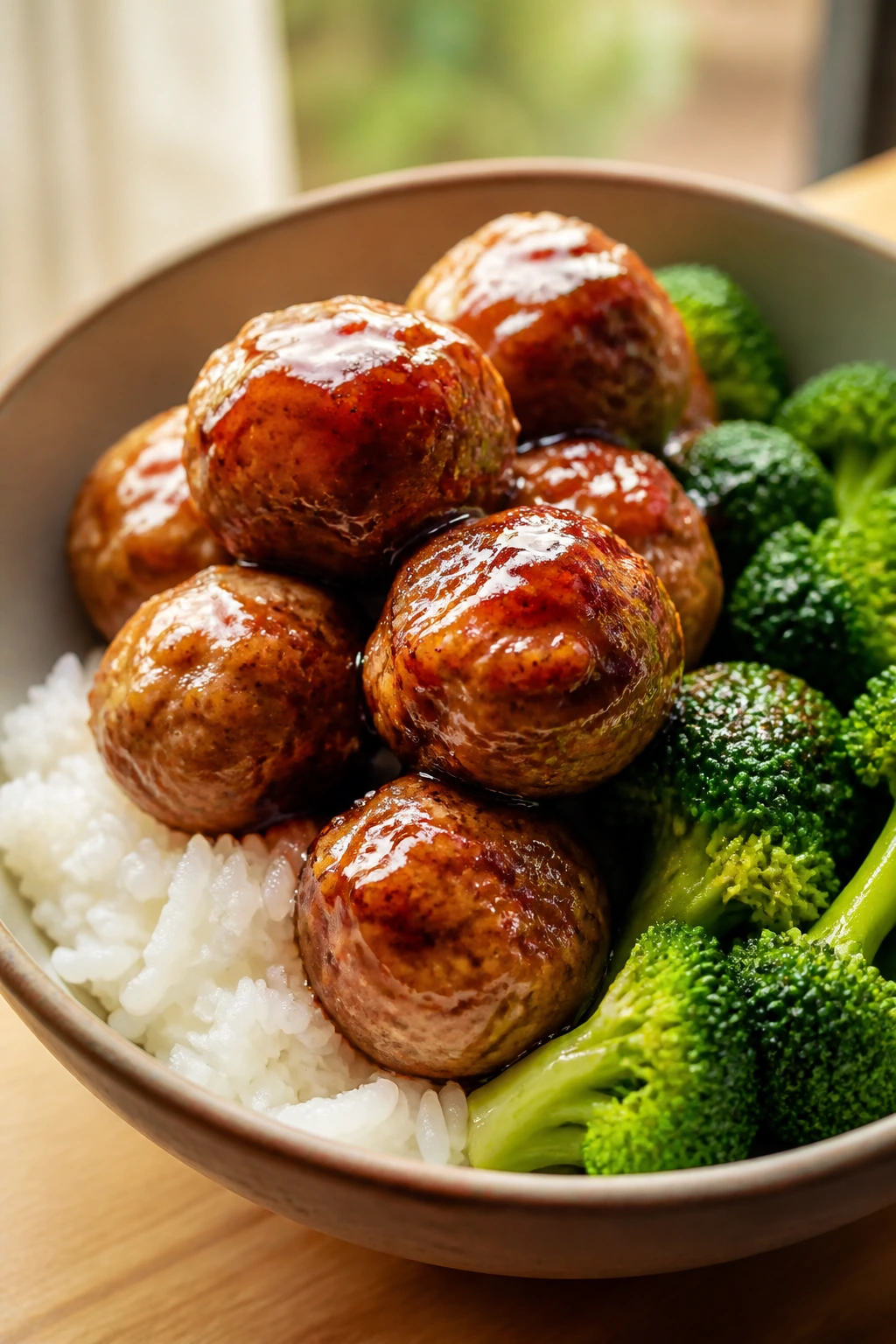 Close-up of teriyaki meatballs over rice with broccoli in a bowl