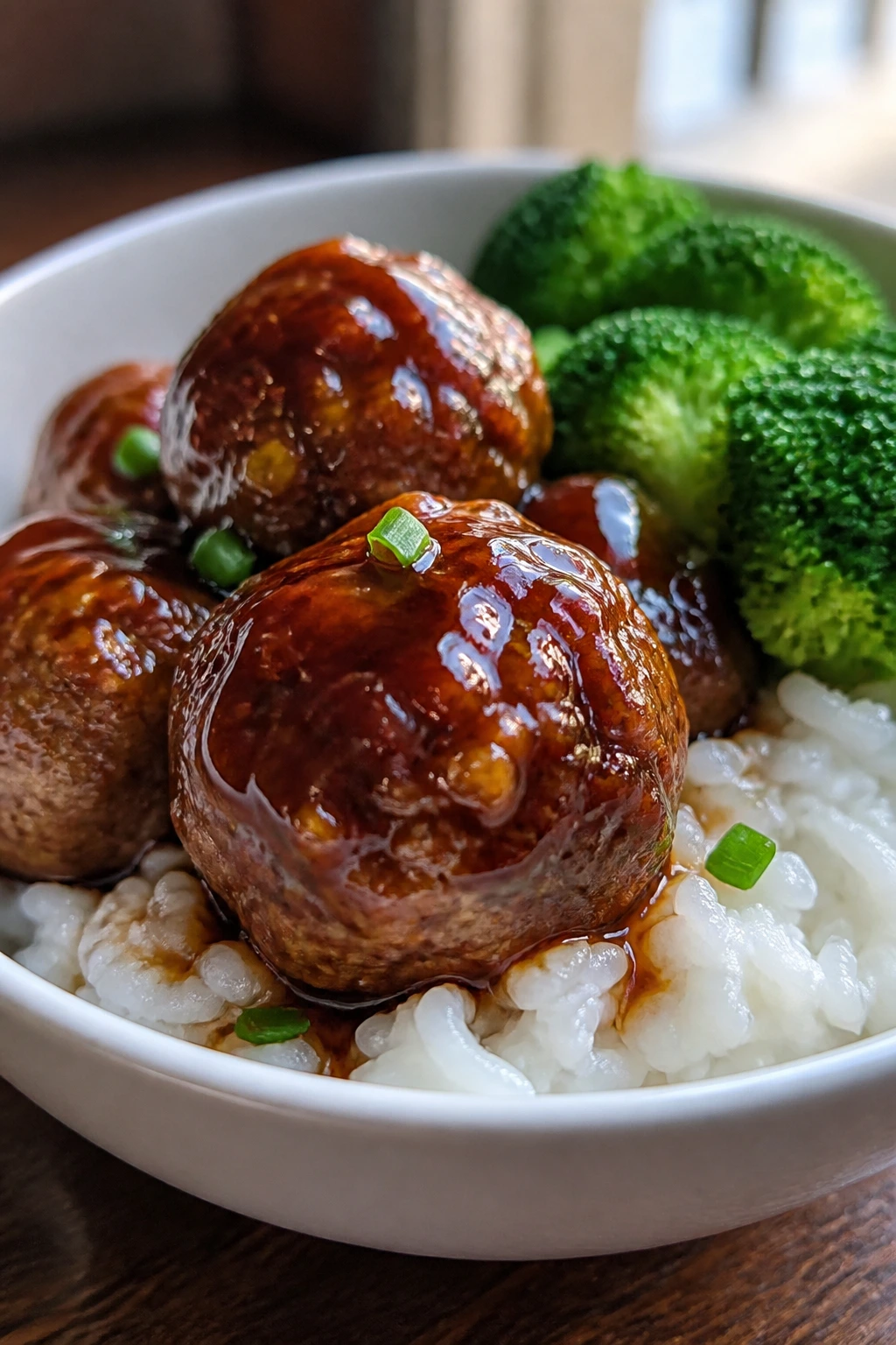 Close-up of teriyaki meatball over rice with broccoli in a white bowl