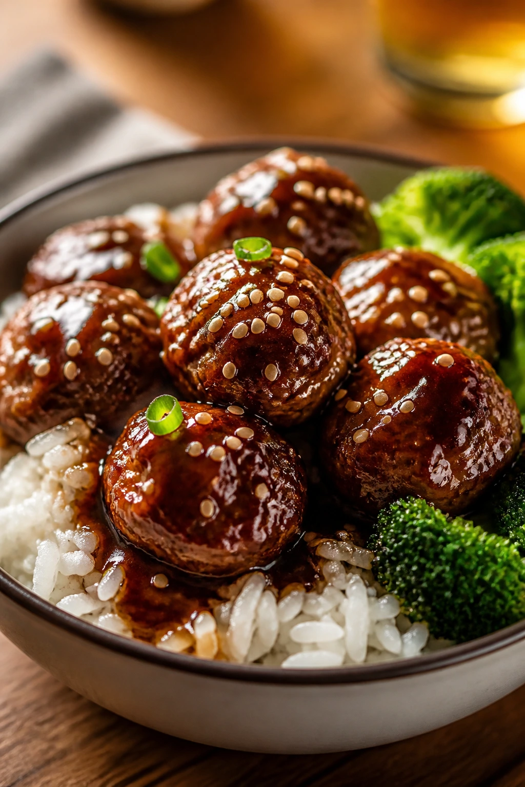 Close-up of Teriyaki Meatballs and Rice with sesame seeds and broccoli