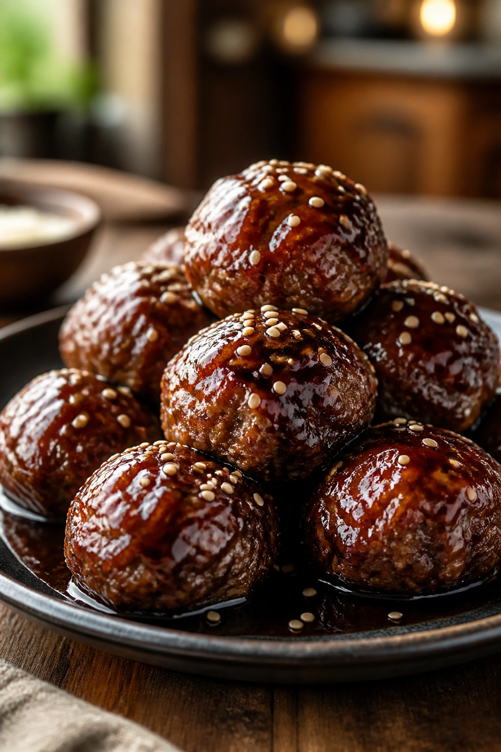 Close-up of teriyaki ginger meatballs on a dark plate with sesame seeds in a warm kitchen