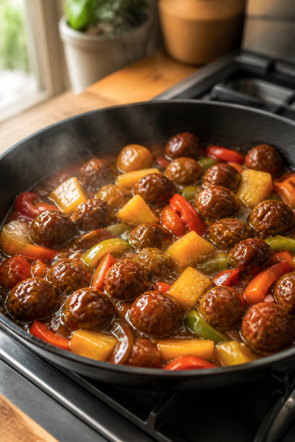 Close-up of teriyaki meatballs with pineapple and peppers in a skillet on a stove