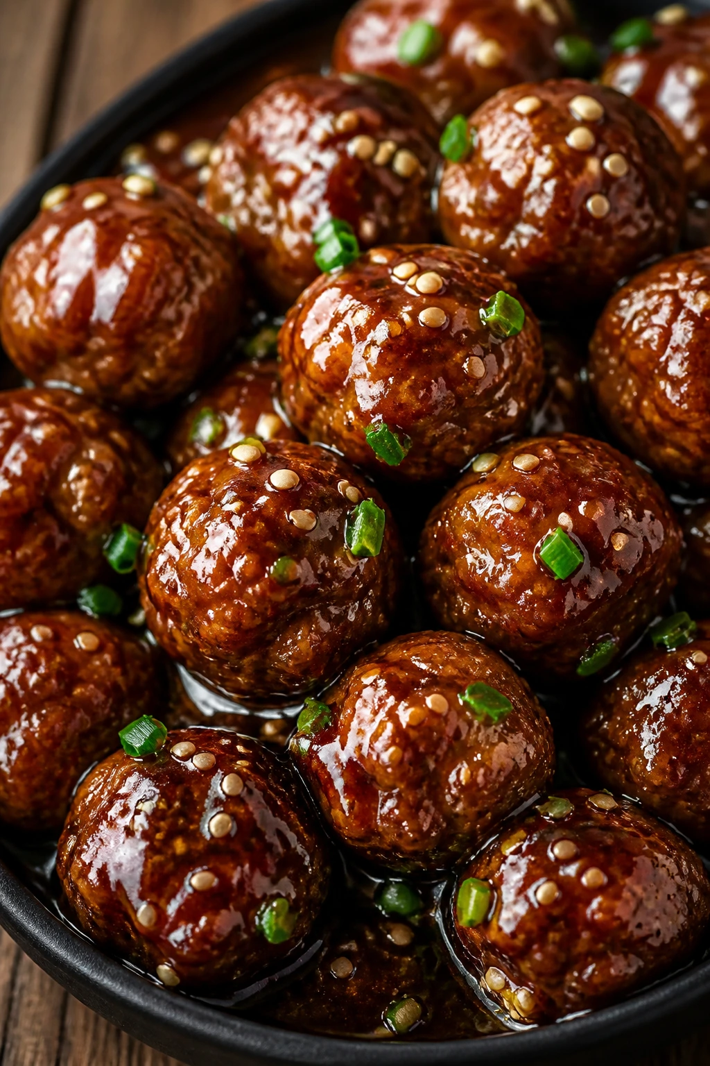 Close-up of teriyaki meatballs with glossy glaze on a plate