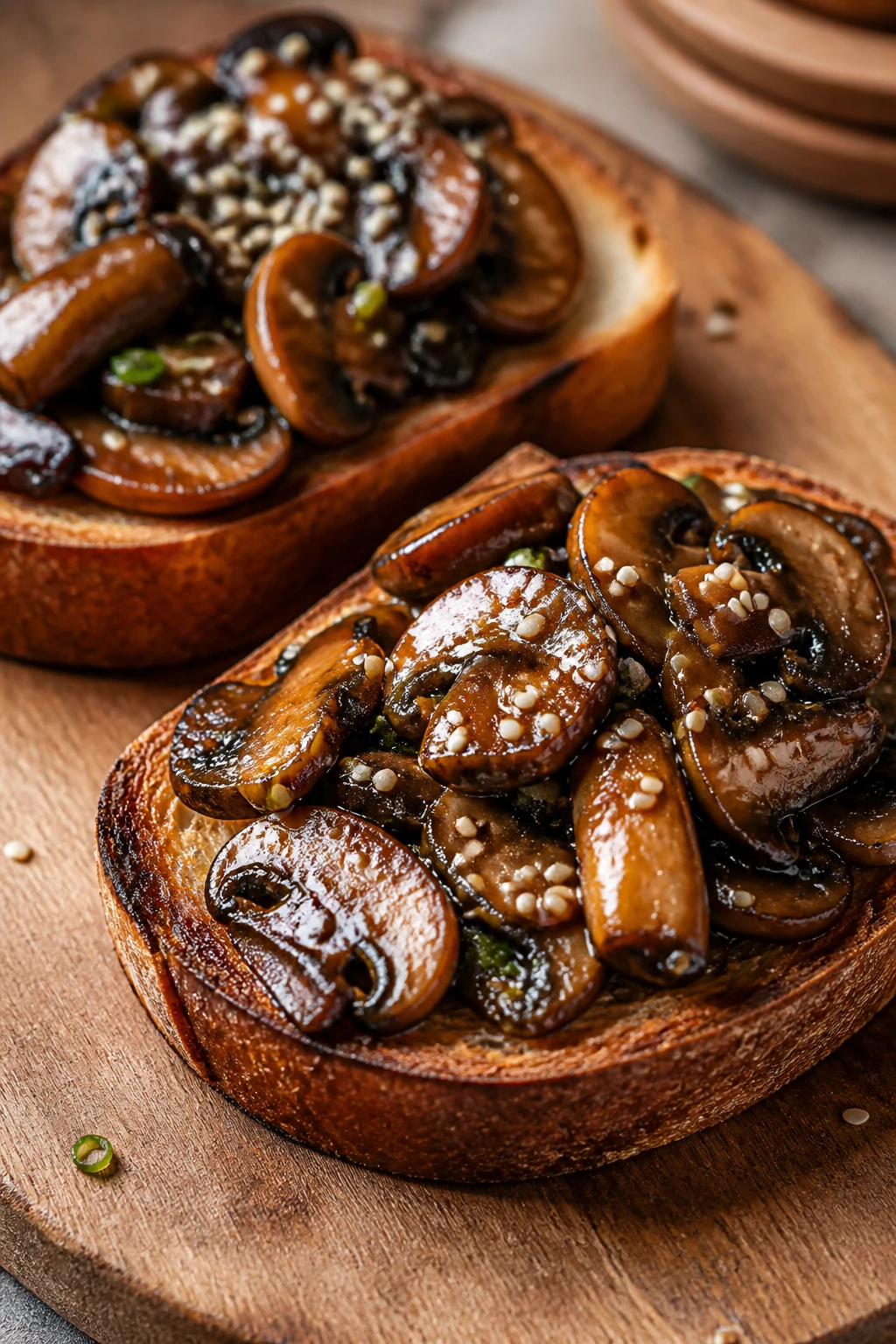 Toast topped with teriyaki mushrooms on a warm counter