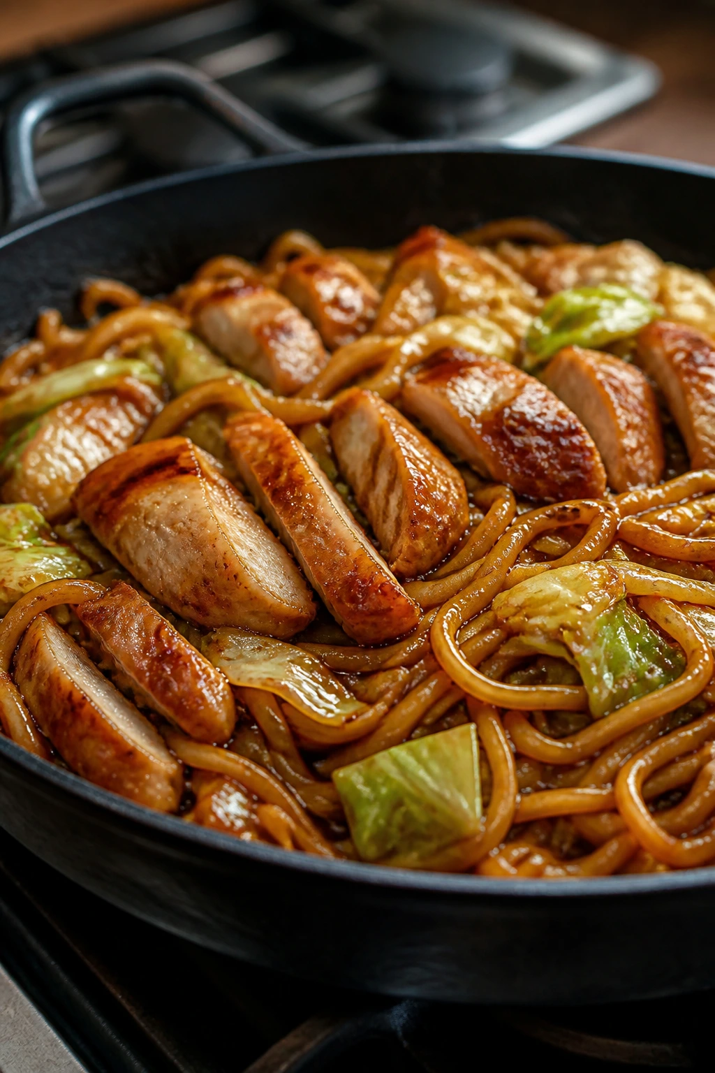 Close-up of teriyaki chicken noodles in a skillet