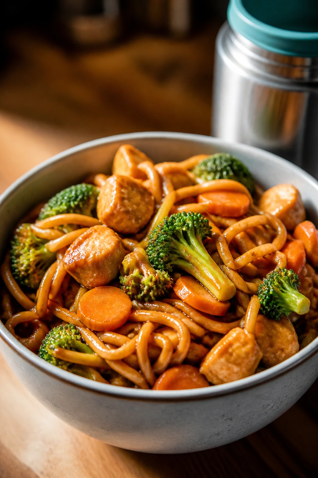 Close-up of teriyaki noodle bowl with broccoli and carrots on a kitchen counter.