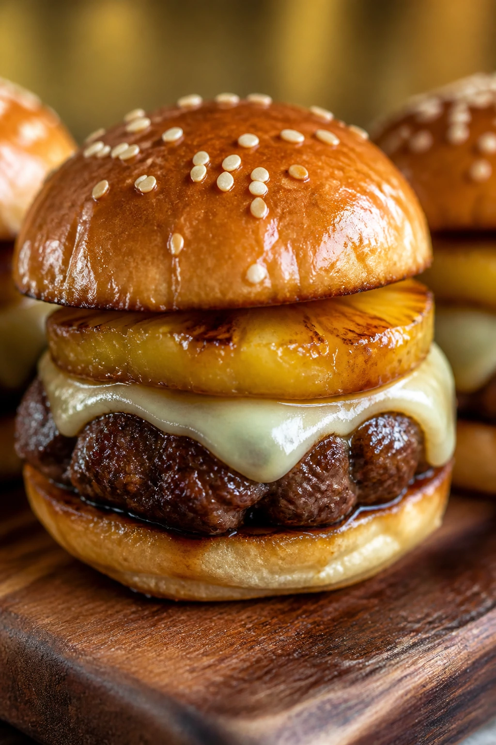 Close-up of teriyaki pineapple slider with cheese on wooden board