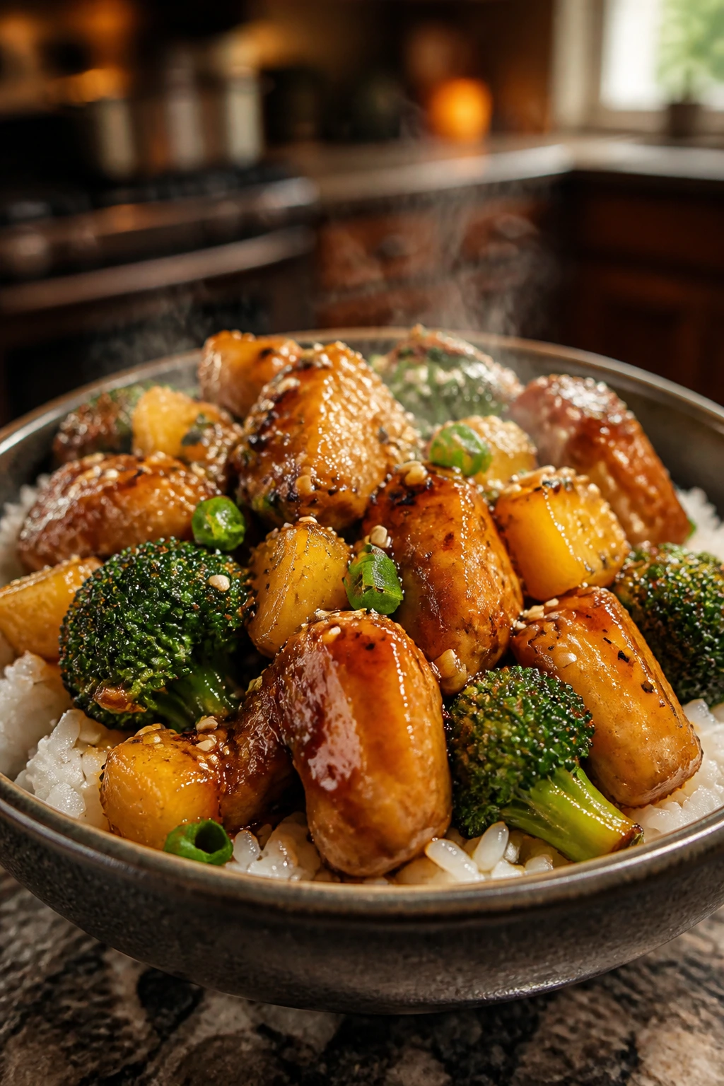 Close-up of Teriyaki Chicken and Pineapple Bowls with chicken, pineapple, broccoli, and rice in a glossy sauce