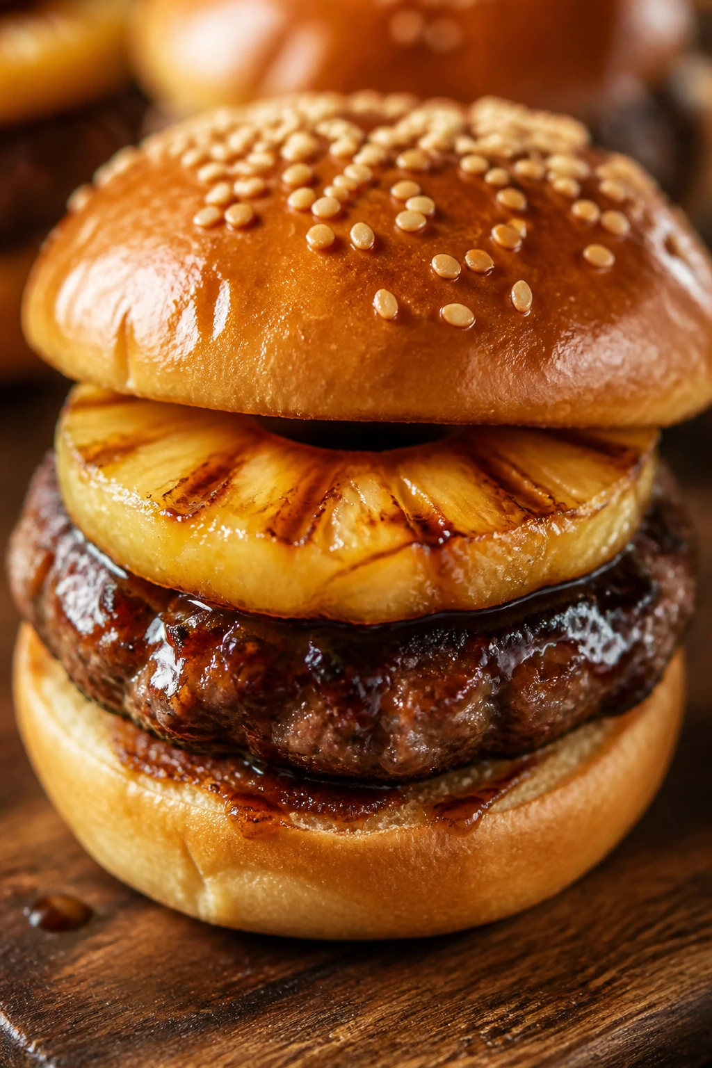 Teriyaki pineapple mini burger with pineapple ring and sesame bun