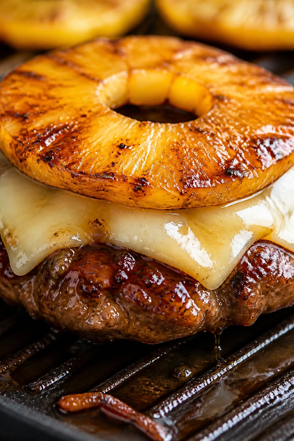 Close-up teriyaki pineapple burger with grilled pineapple and cheese