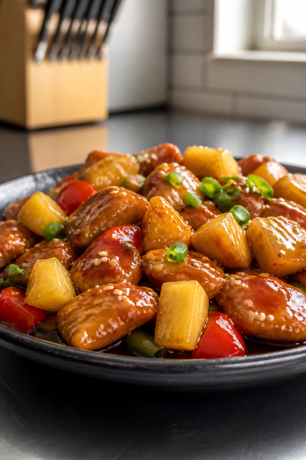 Close-up of teriyaki pineapple chicken with pineapple chunks on a plate