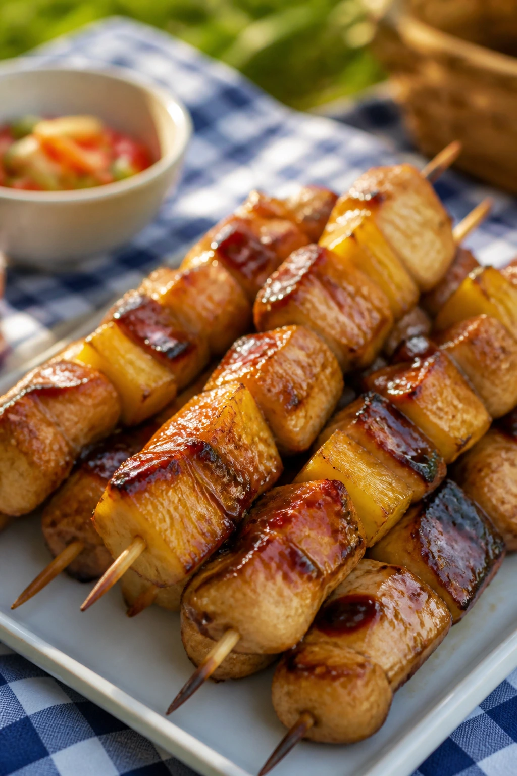 Teriyaki pineapple chicken skewers on a picnic setup outdoors