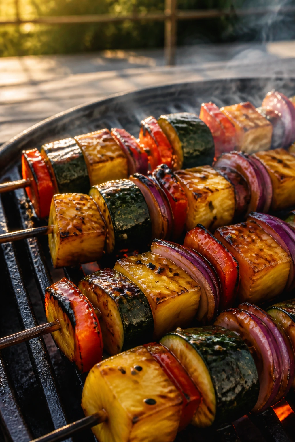 Close-up of teriyaki-glazed pineapple, bell pepper, red onion, and zucchini skewers on a grill