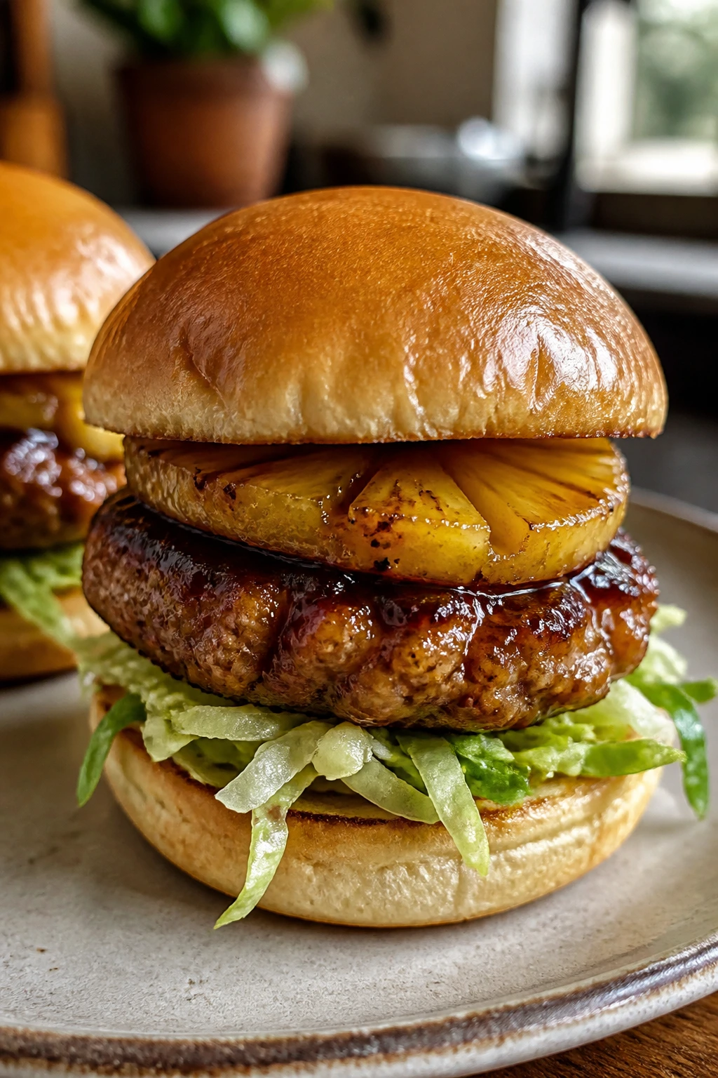 Glazed teriyaki pineapple chicken slider with pineapple slice
