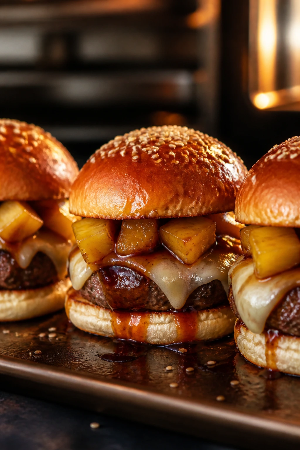 Teriyaki Pineapple Sliders with beef, pineapple and cheese on buns
